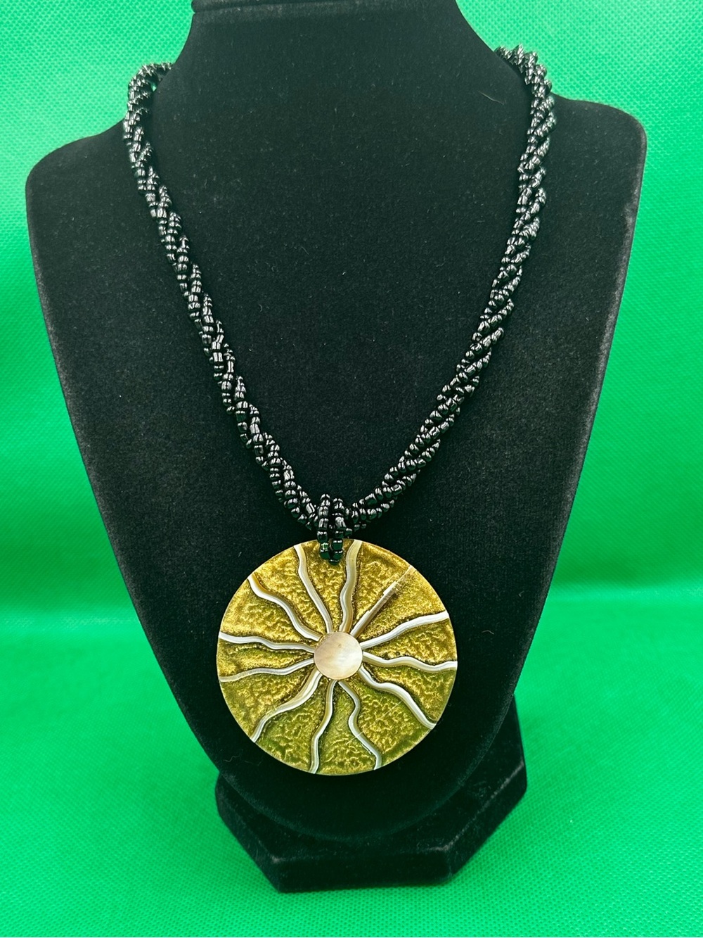 Handcrafted Gold/Black Tribal Sunburst Pendant Necklace with Black Beaded Cord